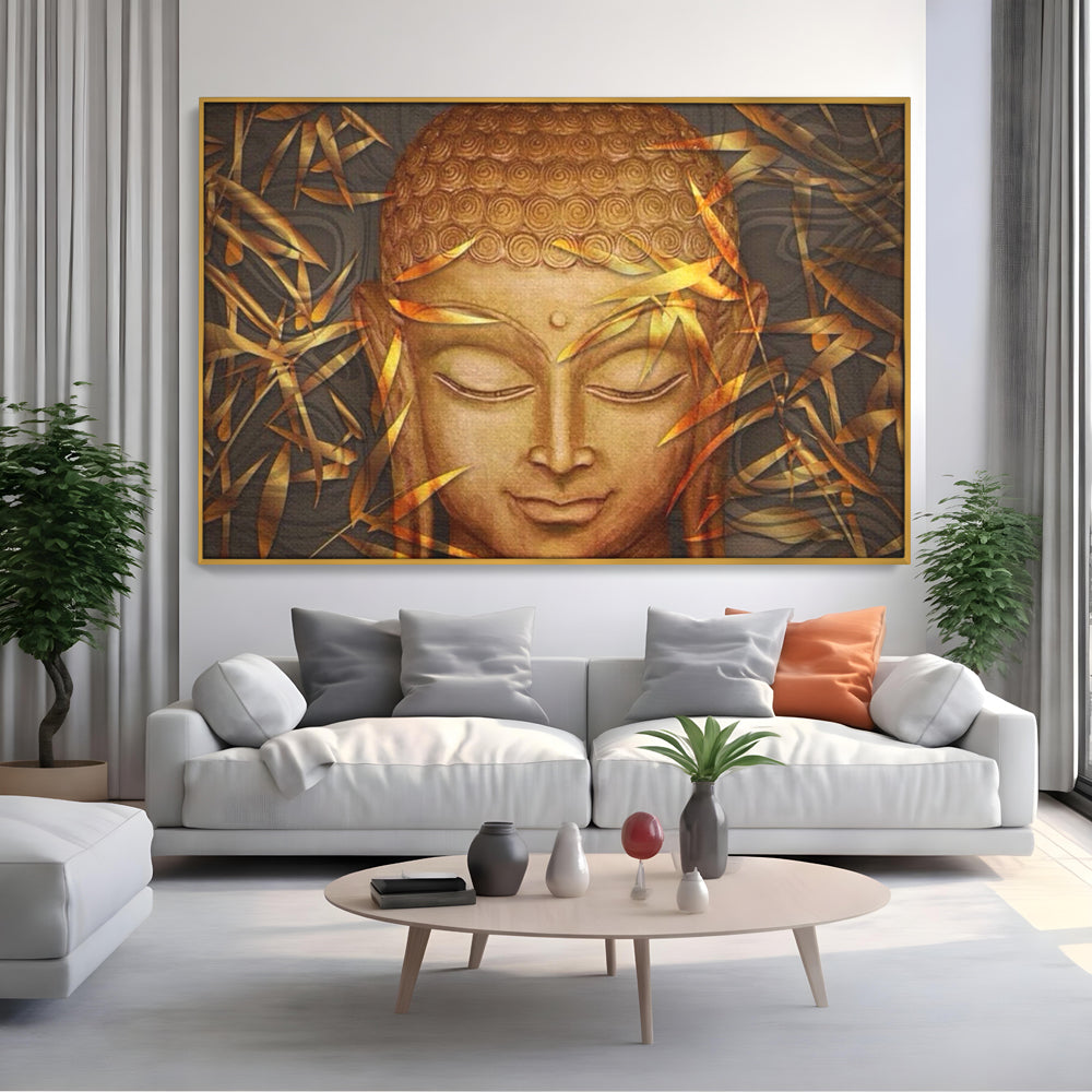 Tablou canvas cu tablou canvas cu chipul lui buddha, in rama de aluminiu auriu, pe perete intr-un living